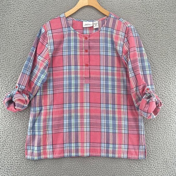 Vermont Country Store Top Womens Medium Pink Plaid 1/4 Button Front Long Sleeve - Picture 2 of 10